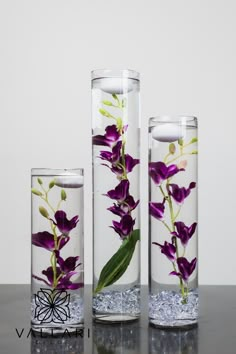 three glass vases with purple flowers in them