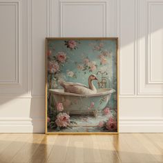 a white duck sitting in a bathtub with pink flowers on the wall behind it