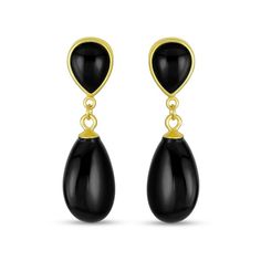 Dress up your look in sophisticated style with these pear-shaped black onyx double teardrop earrings in gold-plated silver. Fashioned in sterling silver with 14K gold plate Each drop showcases a 14.0 x 8.0mm pear-shaped rich black onyx dangle suspended from an inverted bezel-set pear-shaped onyx post. These earrings secure comfortably with friction backs. Elegant Onyx Drop Jewelry, Black Drop Pearl Drop Jewelry, Black Pearl Drop Jewelry, Elegant Teardrop Onyx Jewelry, Elegant Pear-shaped Drop With Polished Finish, Black Pearl Drop Teardrop Earrings, Black Teardrop Pearl Drop Earrings, Black Teardrop Earrings With Pearl Drop, Elegant Polished Finish Drop For Formal Occasions