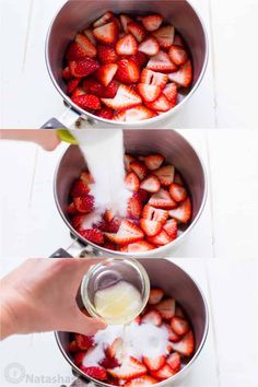 strawberries are being washed in three bowls with sugar and lemons on the side