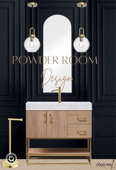 a bathroom vanity with a mirror and lights above it, in front of black walls