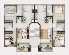 an overhead view of a floor plan with furniture and decor on the top level,