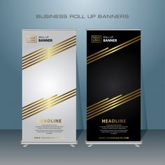 a roll up banner is shown with gold stripes on the front and back of it