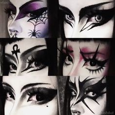 collection of trad goth eye makeup looks, gothic makeup inspo aesthetic, alternative, alt, black and white, grey / gray, red, purple, big eyeliner, makeup ideas, collage, eyeshadow, easy, nose contour, fake eyelashes, doll eye, clown, clowncore, bottom lashes, ankh, spider, spiderweb, cobweb Makeup Looks Gothic, Big Eyeliner Makeup, Eyeliner Makeup Ideas, Big Eyeliner, Makeup Inspo Aesthetic, Easy Nose, Eyeshadow Easy, Goth Makeup Looks