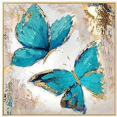 two blue butterflies on a white background with gold foil and some watercolor paint over it