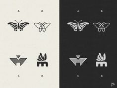 four different types of logos on black and white paper, each with an image of a butterfly