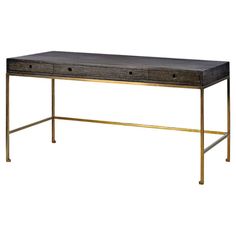 a black and gold desk with two drawers on one side, an open drawer on the other