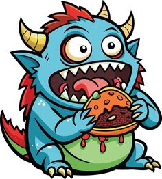 a cartoon monster eating a burger with its mouth wide open