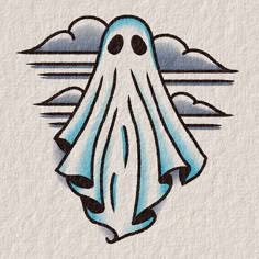 a drawing of a ghost with clouds in the background