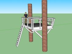 a man standing on top of a wooden platform next to two tall pillars with ladders