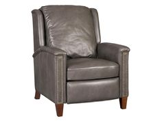 a gray leather recliner with studding on the armrests and wood legs