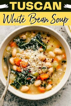 white bean soup with spinach and parmesan cheese in a bowl on a table