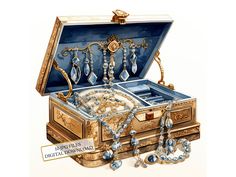 an open jewelry box with jewels and pearls in it's lid, on a white background