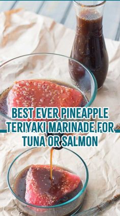 the best ever pineapple teriyaki marinannade for tuna or salmon is being drizzled with ketchup