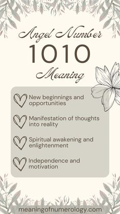 a poster with the words angel number 1010 meaning on it and an image of a flower