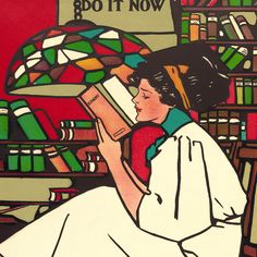 a painting of a woman reading in front of a bookshelf filled with books