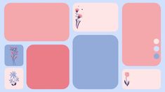 an image of flowers and squares in pastel colors on a blue background with pinks