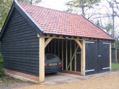 a car is parked in the garage with its door open