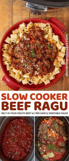 slow cooker beef ragu recipe in the crock pot and on the table