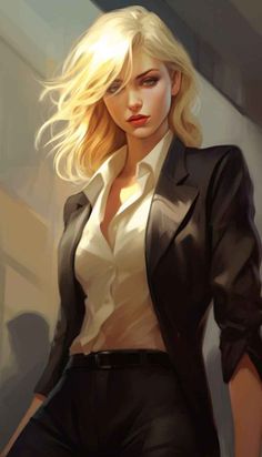 a painting of a woman in a suit and white shirt with long blonde hair wearing black pants