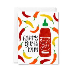 a birthday card with hot sauce and peppers on it