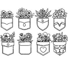 a set of flower pots with flowers in the pocket, doodled style stock illustration