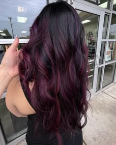 Dark Purple Hair With Red Highlights, Black Hair Plum Highlights, Mexican Hair Dye Ideas, Magenta Hair Peekaboo, Burgundy Hair Tips, Dark Purple Hair Highlights, Red Violet Hair Color With Highlights, Dark Hair With Purple Highlights, Burgundy Purple Hair