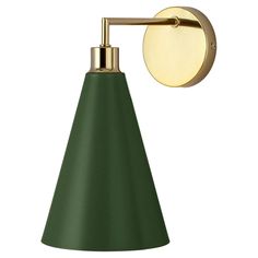 a green and gold wall light on a white background