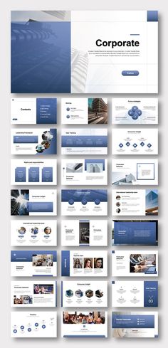 an image of a bunch of blue and white powerpoint slideshows with the title corporate