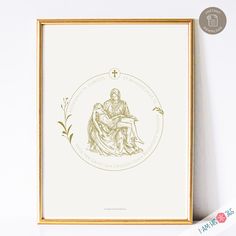 an image of the virgin mary and jesus in gold foil on a white background with text underneath