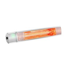 an orange light that is on top of a white wall mounted heater with thermometer