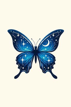 a blue butterfly with stars and crescents on its wings