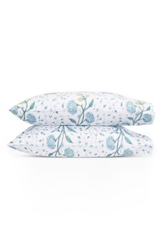 two pillows with blue flowers on them sitting side by side in front of a white background