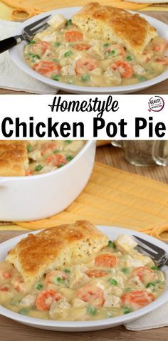 chicken pot pie on a plate with a fork