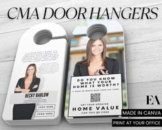 two door hangers with the same name on them and an image of a woman holding a