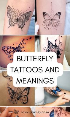 many different tattoos and meaningss on the back of women's bodies, including butterflies