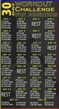 the workout schedule for beginners is shown in black and yellow, with numbers on it