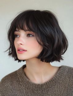 Bob With Two Long Strands, Thick Hair Chin Length Bob, Piecy Bob With Bangs, Long Bob With Fringe Round Faces, Chunky Bob With Bangs, Fringe On Short Hair, French Bob With Wispy Bangs, Bob Hairstyles Fringe, Long Bob Fringe Hairstyles