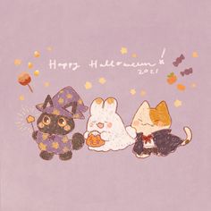 two cats and a dog are sitting on a purple background with the words happy halloween