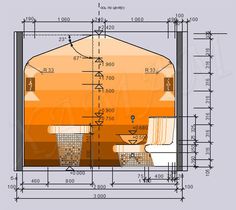 a blueprint drawing of a room with an orange and white color scheme on the wall