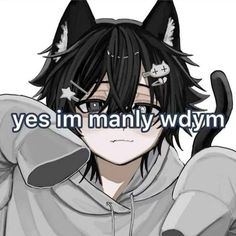 an anime character with black hair wearing a gray hoodie and cat ears on his head