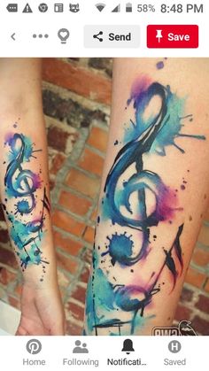 two colorful tattoos with musical notes on their arms and legs, painted in watercolors