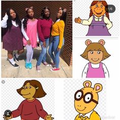 four different pictures of children in cartoon style clothing and one is wearing an animal costume