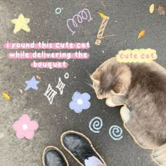 a cat sitting on the ground next to someone's feet with chalk drawings all over them