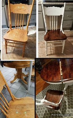 four pictures of different chairs and tables in various stages of being painted