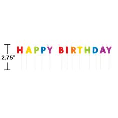 the words happy birthday are spelled in multicolored letters on a white background with an arrow