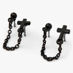 Show off your faith in style with this pair of connector stud earrings! A black cross is connected to a ball stud with a chain connector link. Perfect to show off that double piercing! Double piercing Finish: Black Closure: Post back Material: Metal - Claire's Black Cross Connector Chain Stud Earrings Emo Earings Piercings, Black Metal Dangle Piercings, Black Dangle Metal Piercings, Emo Jewelry Earrings, Black Cross Jewelry For Streetwear, Black Emo Jewelry With Adjustable Chain, Black Punk Earrings For Alternative Fashion, Black Pierced Emo Earrings, Black Cross Earrings For Pierced Ears