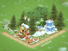 an image of a christmas scene in the middle of a green field with trees and snow