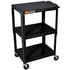 a black utility cart with two shelves on wheels