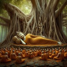 buddhas are sitting in the middle of a forest with large trees growing over them